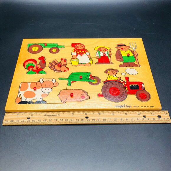 Vintage 70s SIMPLEX TOYS Wood Tray Puzzle: Farmer & Animals, Made in Holland - Picture 8 of 10